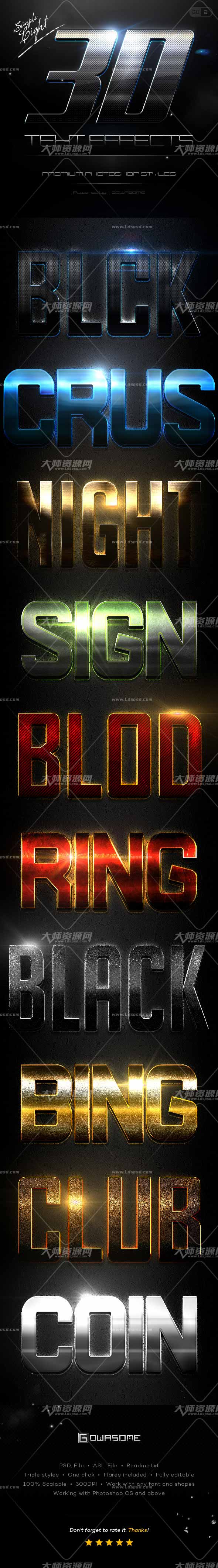 Simple 3D Light Text Effects GO.2,PS图层样式－10个时尚的金属文本(第二版)